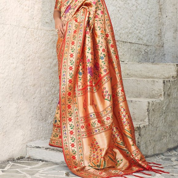 JHEAPS DARK GOLD RED PAITHANI WOVEN SILK FLORAL SAREE - Picture 2 of 5